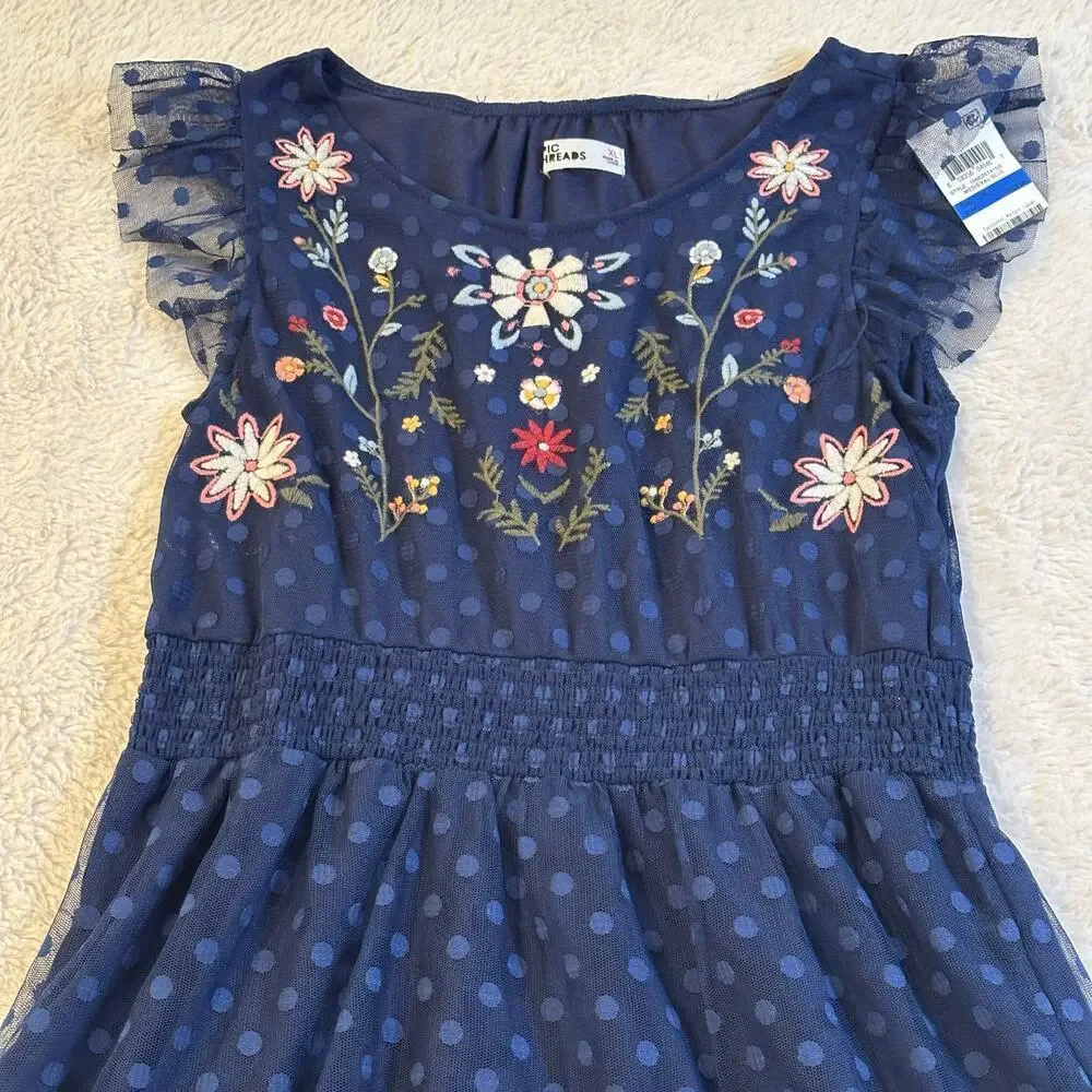New Epic Threads Floral Dress sz XL Navy Blue Polka Dot Floral Dress